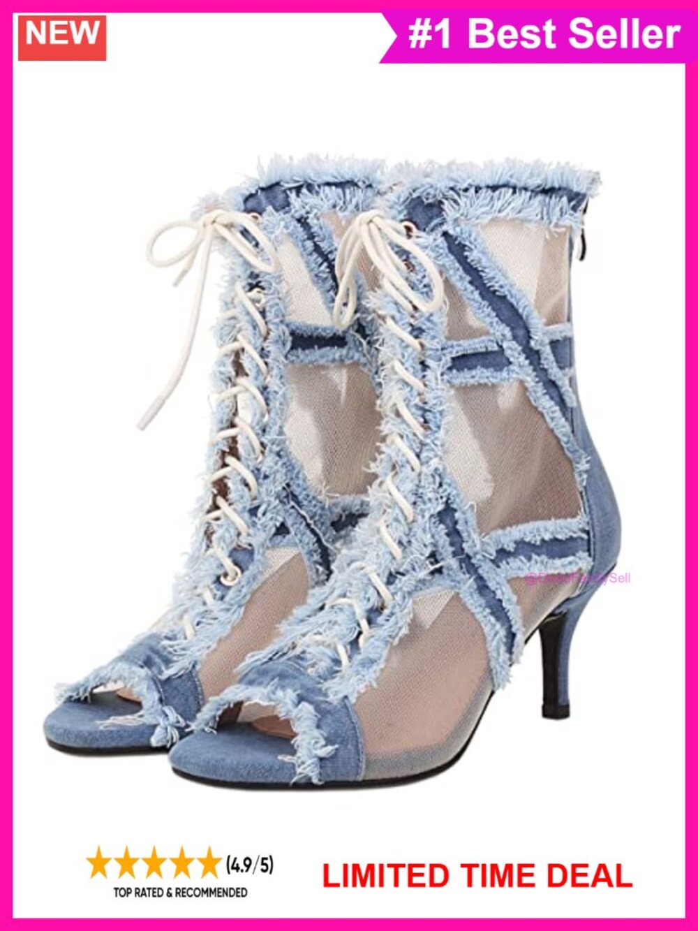 Denim Patchwork Mesh Peep Toe Lace Up High Heel Ankle Booties